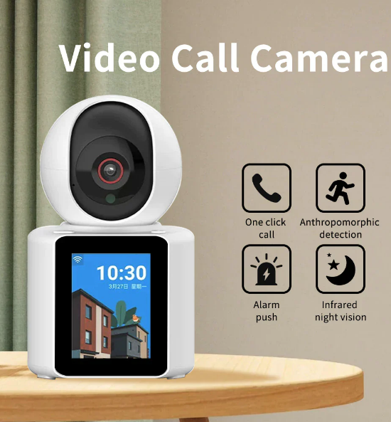 **Camera video comunicare bidirectionala, ecran de 2.8 inch, poate initia apeluri telefonice video, camera de securitate inteligenta 360°, video HD 1080p, vizualizare nocturna, detectare miscare, stocare in Cloud si pe card SD