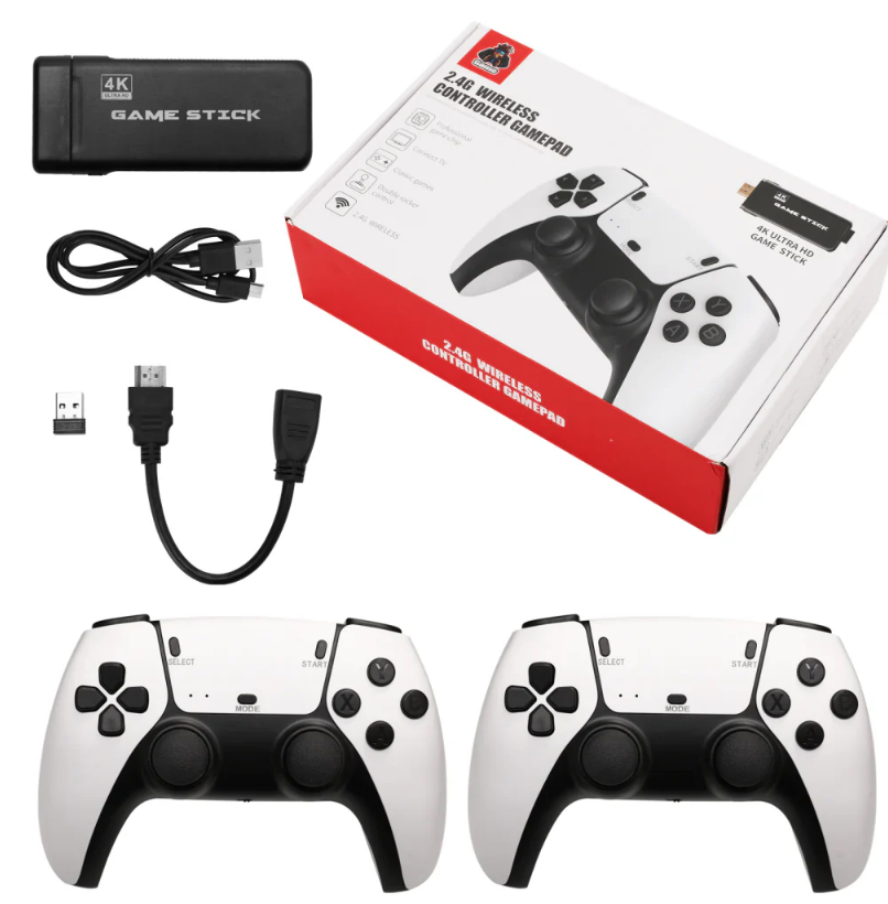 **Consola tip stick cu jocuri retro, 20.000 de Jocuri Video, 9 emulatoare, 64 GB, 2 x controller Wireless 2.4GHz 4K Ultra game