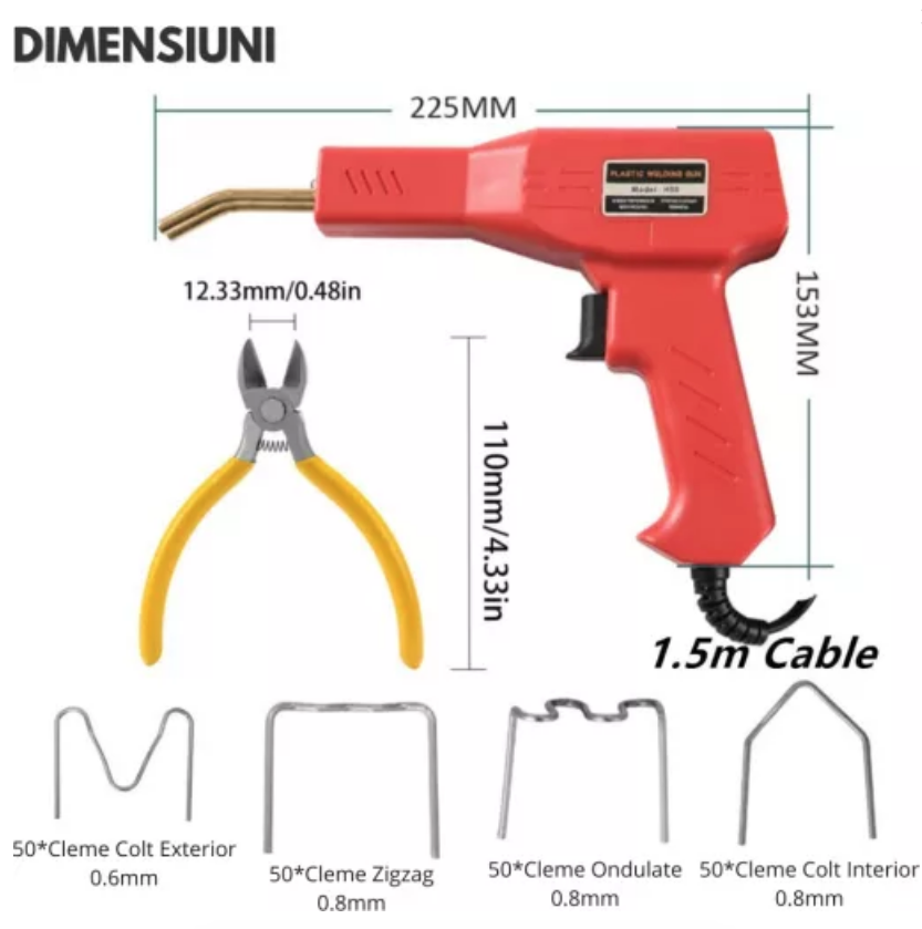 **Trusa aparat sudat plastic, pistol profesional pentru lipit/sudat plastic, kit pentru repararea fisurilor din plastic, polipropilena, 200 capse de intarire, putere 50W