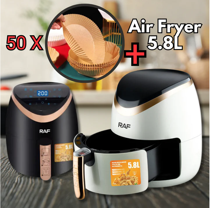 **Air Fryer Deluxe RAF 5.8L, 1500W, Circulație 360°, Touch Screen + Set 50 Hârtii de Copt