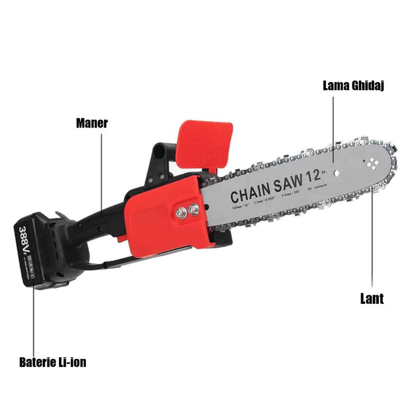 **Drujba electrica cu lant 12 inch, cu 2 Acumulatori, 48 V, Lithium, 2 lanturi, 1200 W, 4800rpm, 305mm