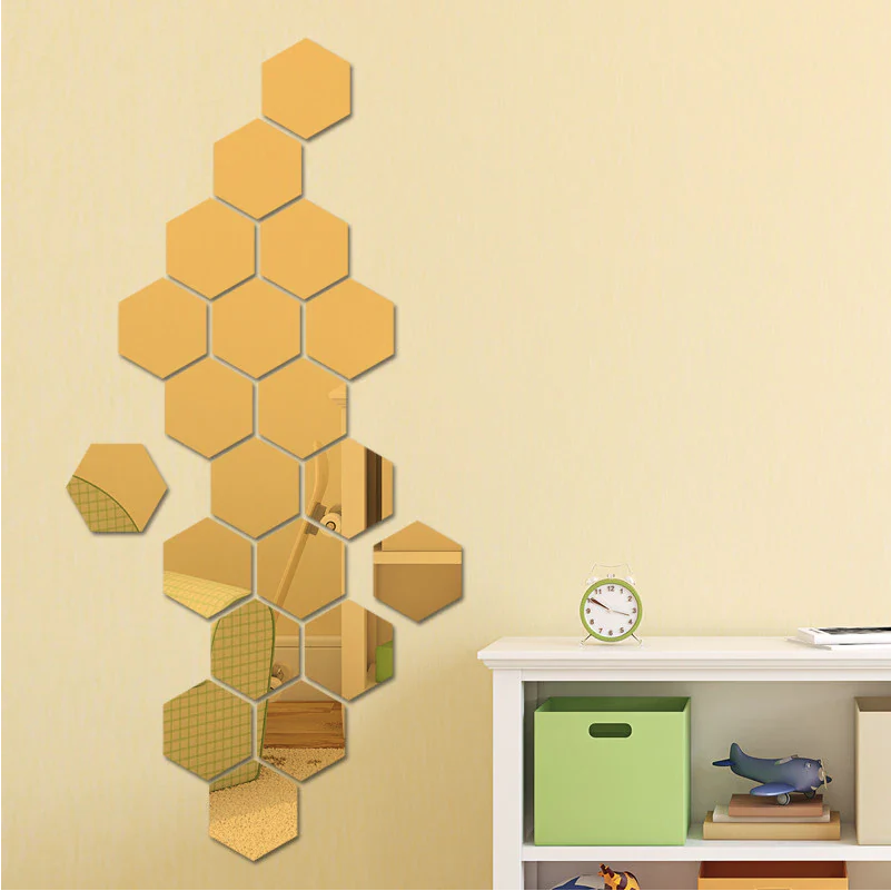 **Set 12 oglinzi acrilice autoadezive decorative forma hexagon, diametru 7, 13, 20 si 23 cm