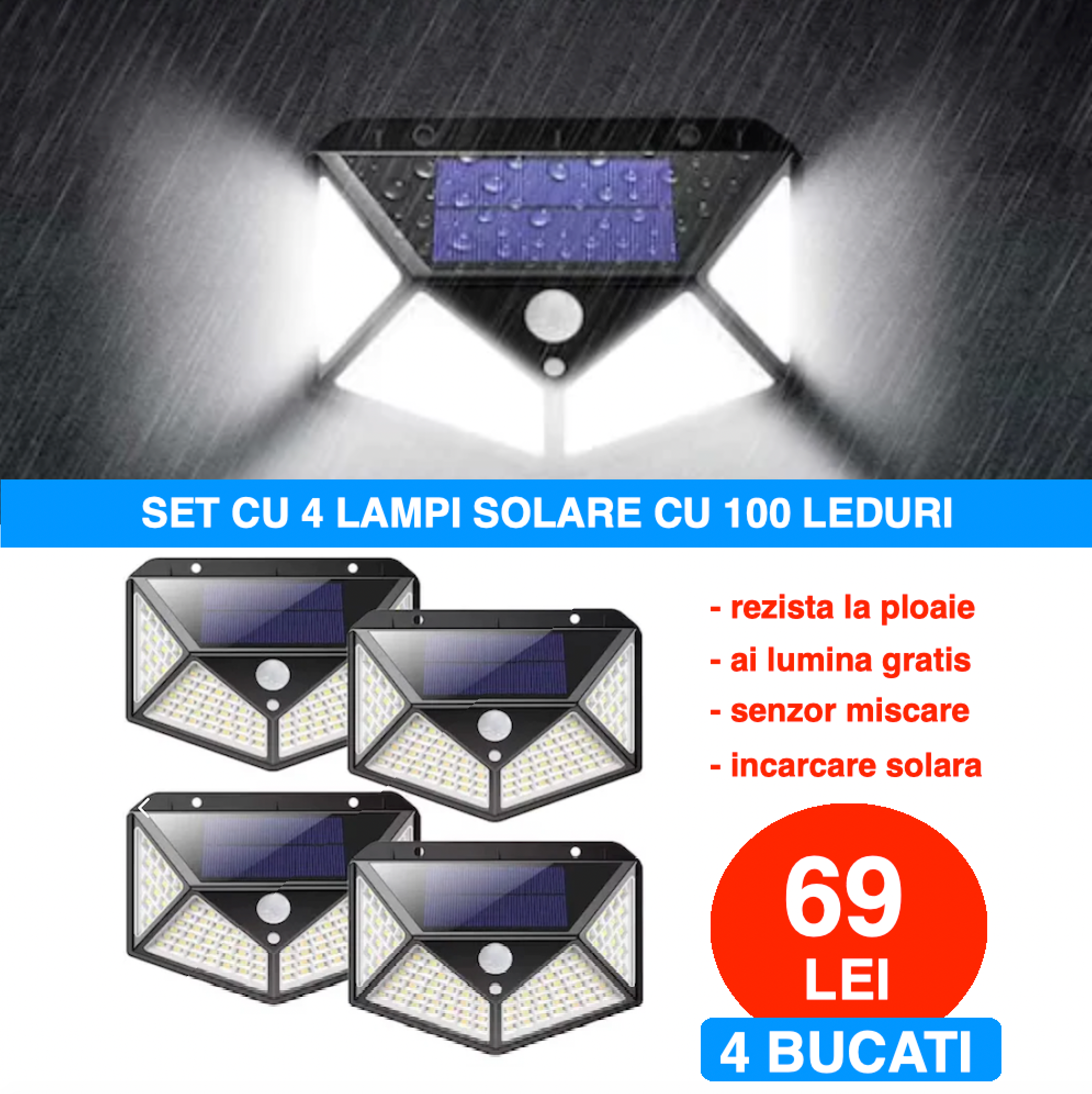 Set 4 Lampi Solare 100 LED UltraBRIGHT cu kit de prindere CADOU