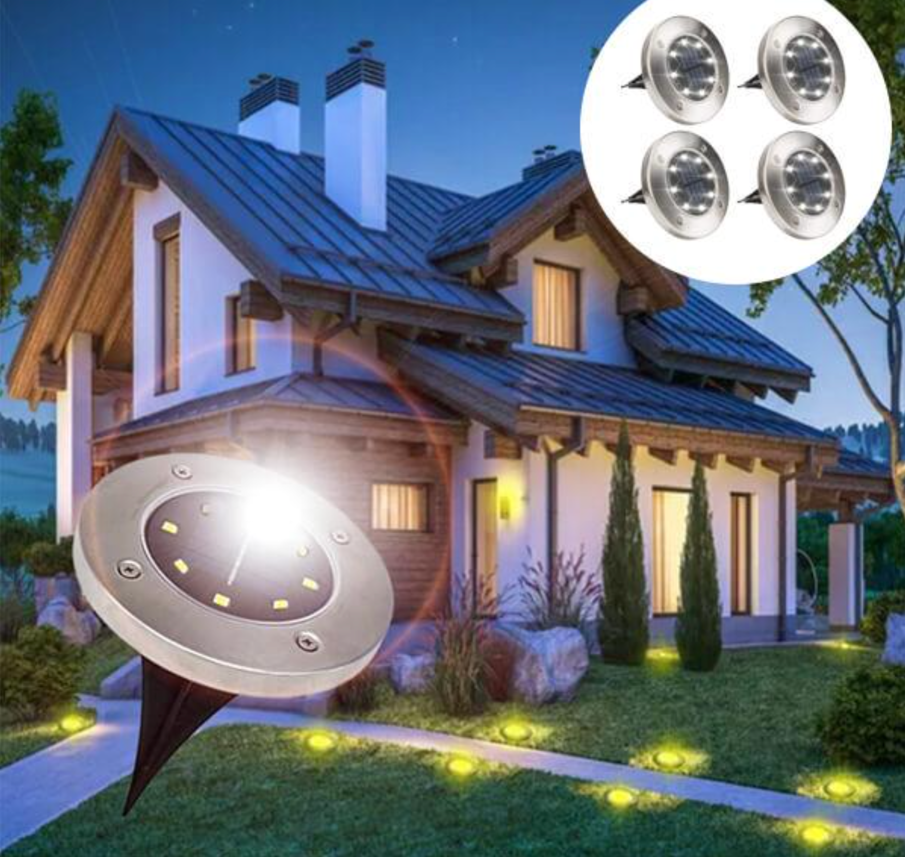 Set 4 x lampa solara cu 8 leduri si senzor de lumina cu fixare in sol