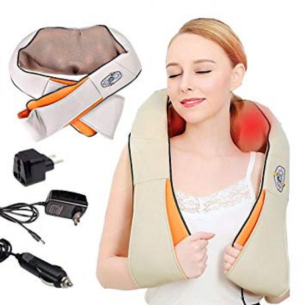 Aparat de masaj cervical Massager Neck, cu infrarosu si bile, 24W, piele, crem