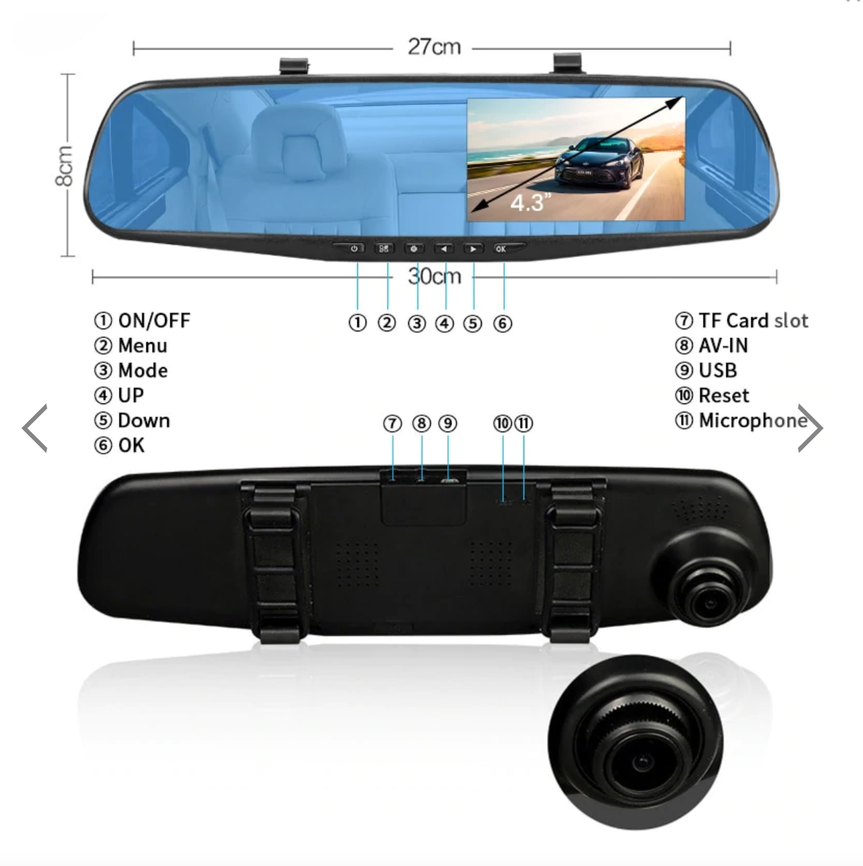 '-Oglinda retrovizoare cu camera HD 1080P, DVR auto, cu microfon si difuzor incorporate + camera suplimentara marsarier