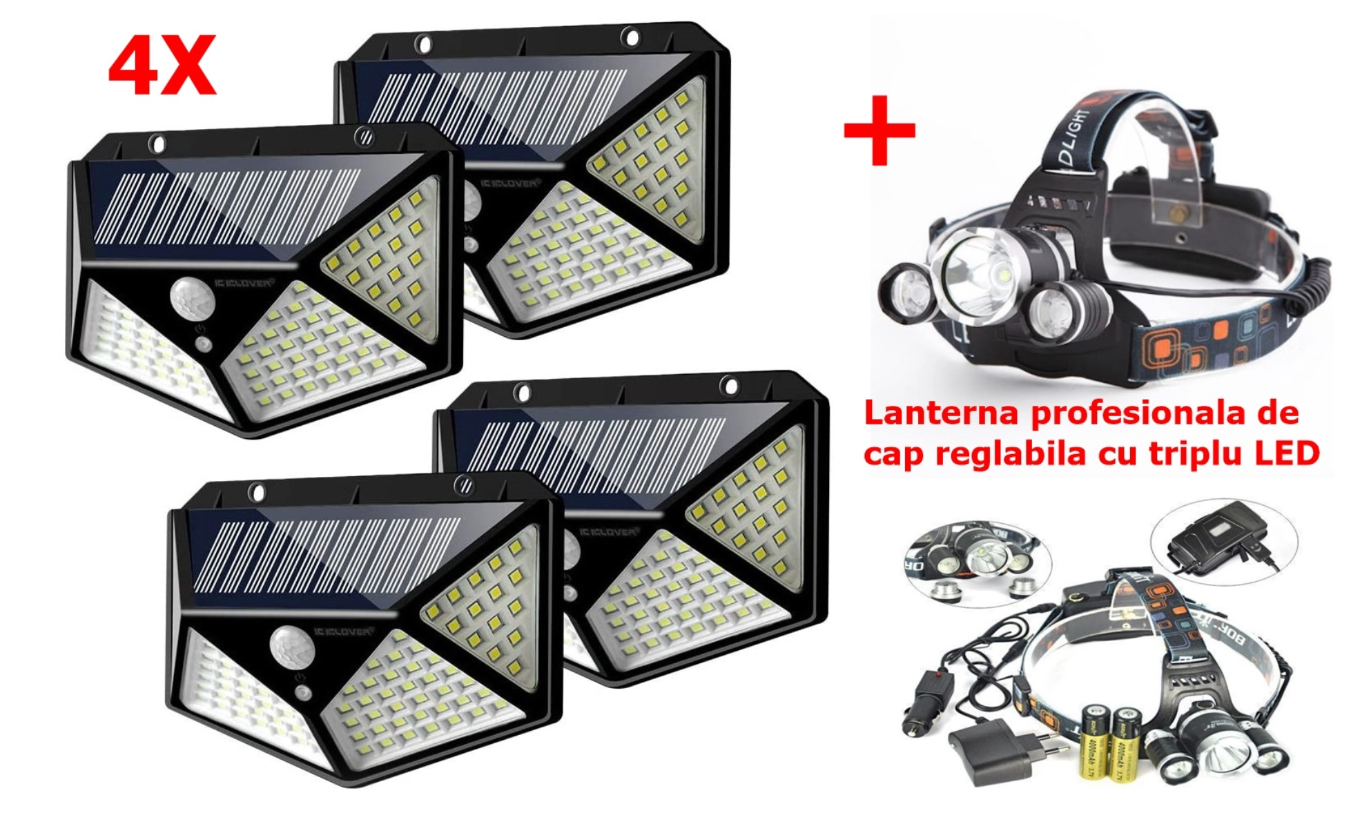 Set 4 x Lampa 100 LED cu panou solar, senzor de miscare +CADOU Lanterna profesionala de cap reglabila cu triplu LED