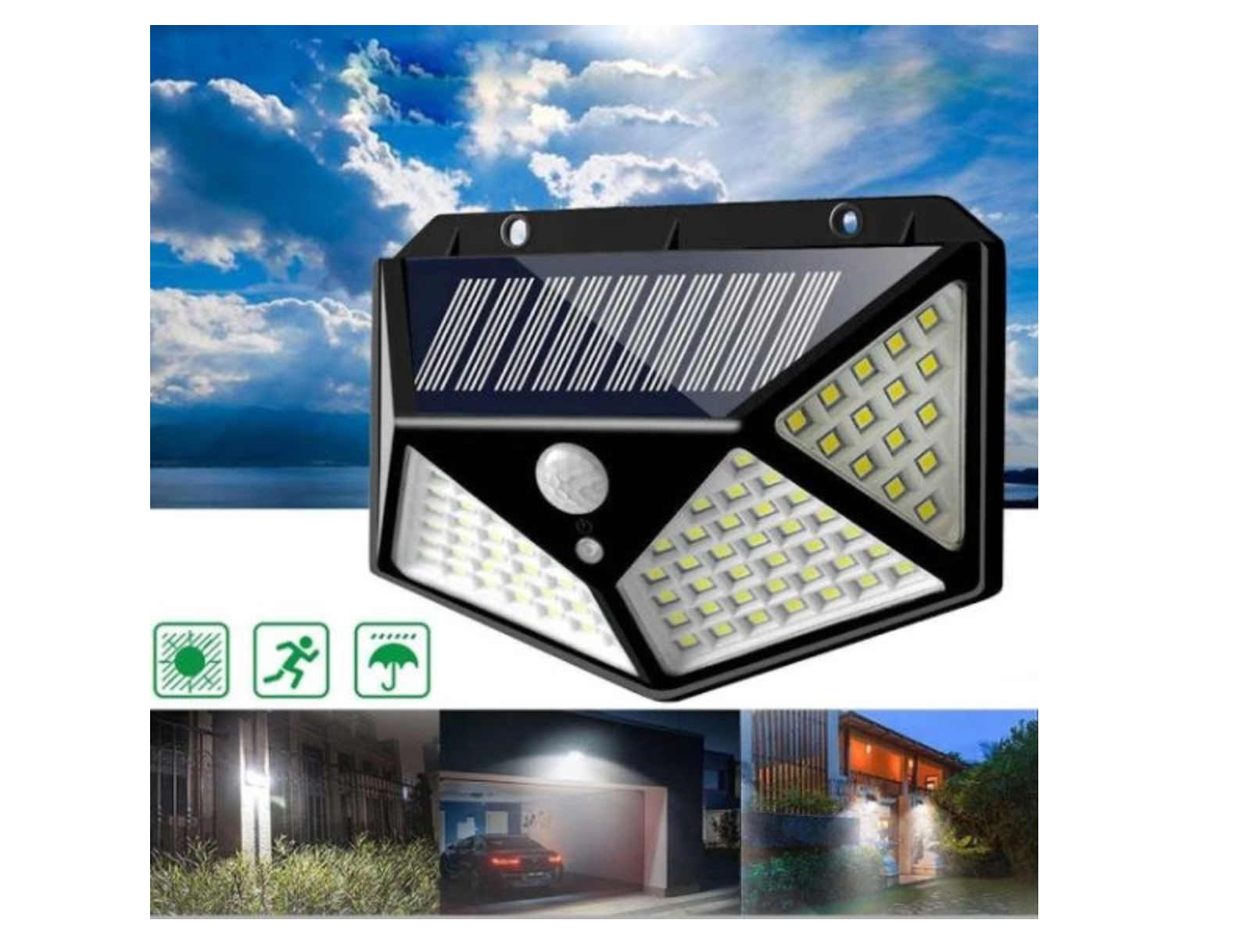 Set 4 x Lampa 100 LED cu panou solar, senzor de miscare +CADOU Lanterna profesionala de cap reglabila cu triplu LED