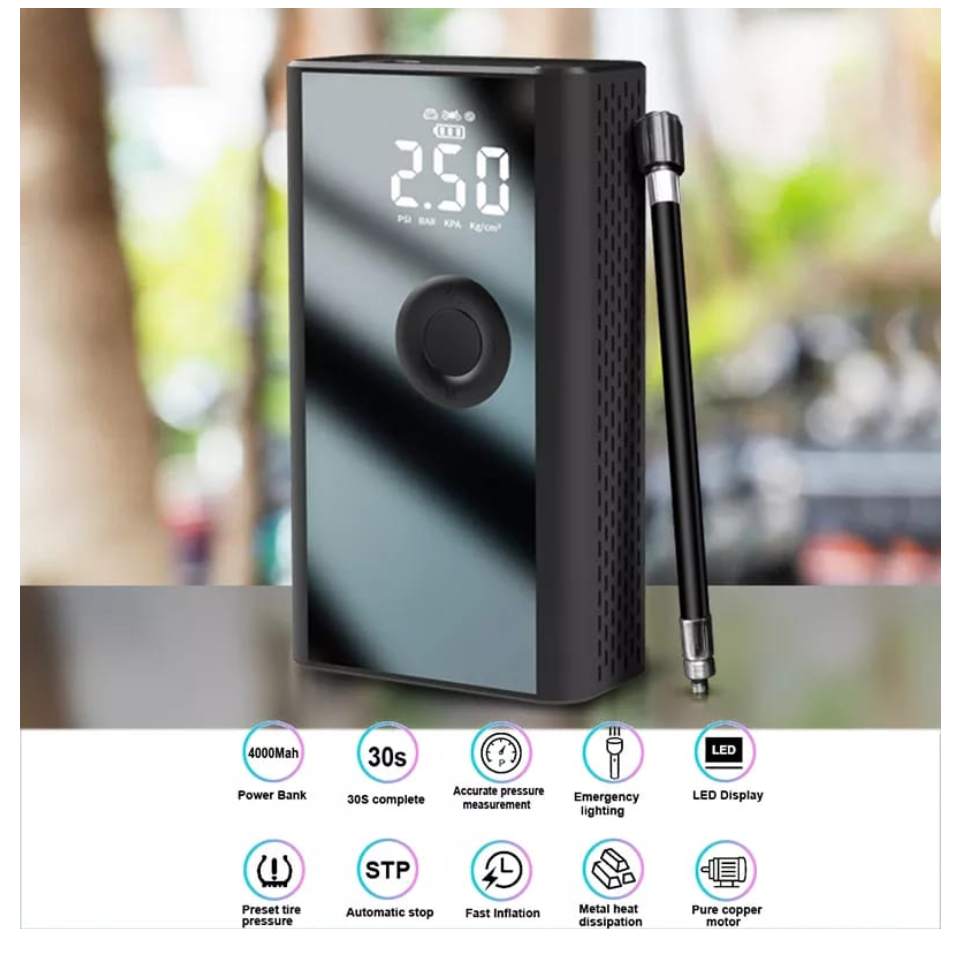 NOU: Compresor Auto Portabil si PowerBank Andowl, 4 x USB, 4000mah, 2 in 1, Display LED, negru