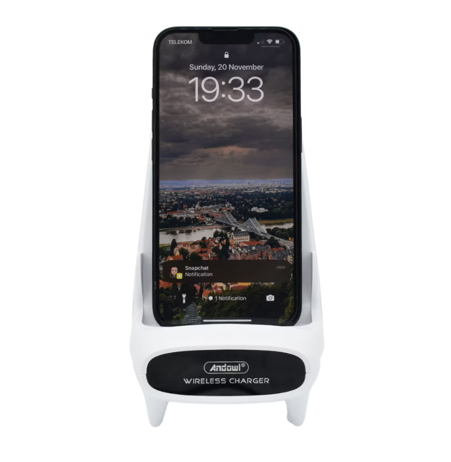 NOU: Incarcator wireless fast charge Andowl, M111, de birou pentru telefon, 15W, cu amplificator de sunet, suport de stabilizare, tehnologie QI, compatibil cu toate modelele ce accepta incarcare wireless