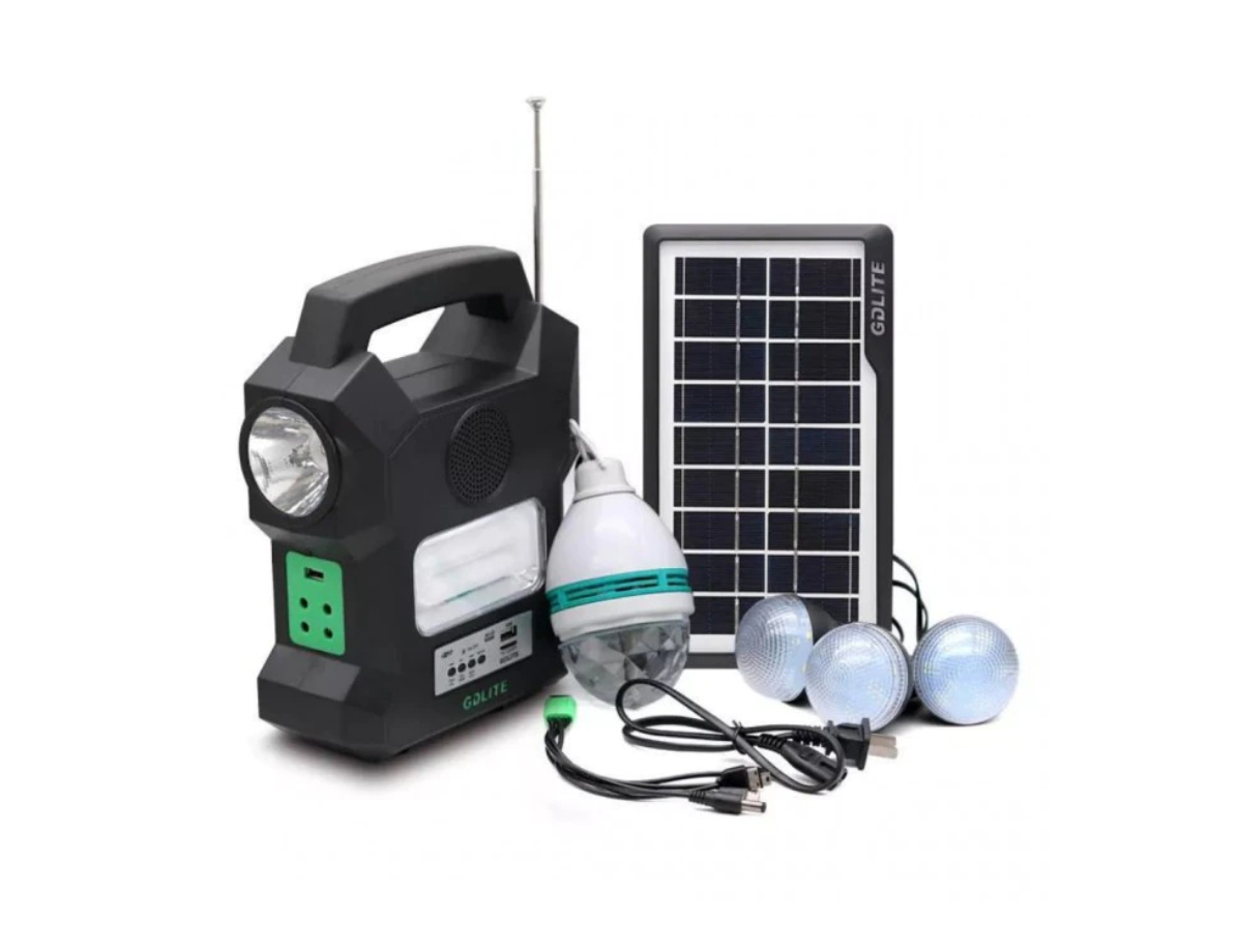 NOU: Kit solar portabil Gdlite GD-1000A, USB, bluetooth, radio FM, MP3, 4 becuri incluse, Tescomak, culoare negru