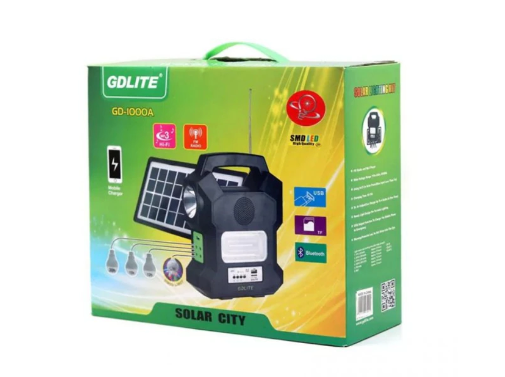 NOU: Kit solar portabil Gdlite GD-1000A, USB, bluetooth, radio FM, MP3, 4 becuri incluse, Tescomak, culoare negru