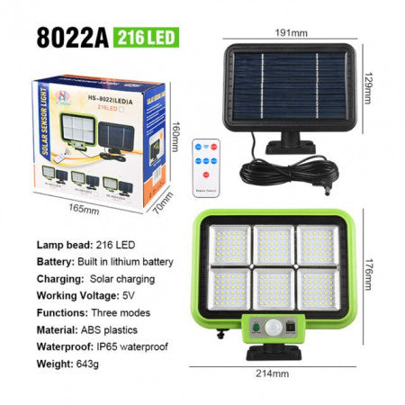 NOU: PROIECTOR SOLAR 216LED SMD 50W SENZOR MISCARE SI TELECOMANDA