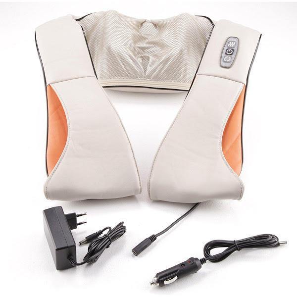 Aparat de masaj cervical Massager Neck, cu infrarosu si bile, 24W, piele, crem